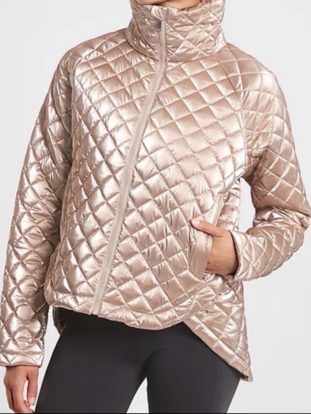 Athleta Whisper Featherless Metallic Coat in Rose Gold Size M